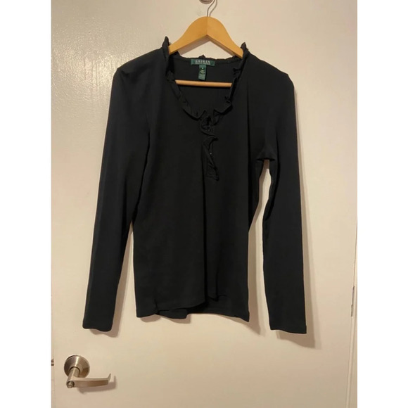 Lauren Ralph Lauren Tops - Vintage Lauren Ralph Lauren Black Ruffled Peasant Long Sleeve Pima Cotton Blouse